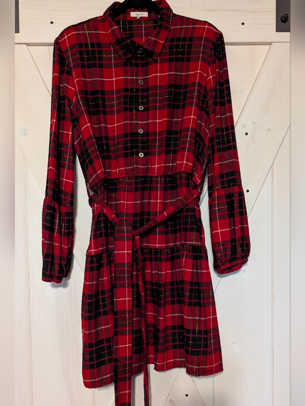 MAURICES Red and Black Plaid Long Sleeve Shirt Dress with Waist Tie Women's XL